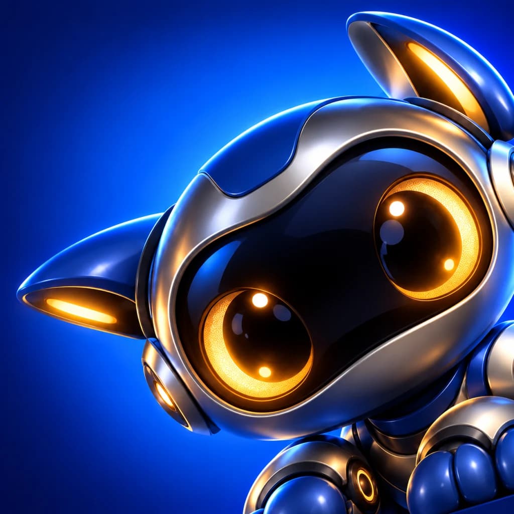 fynk's companion mascot: a cobalt robot with glowing amber eyes