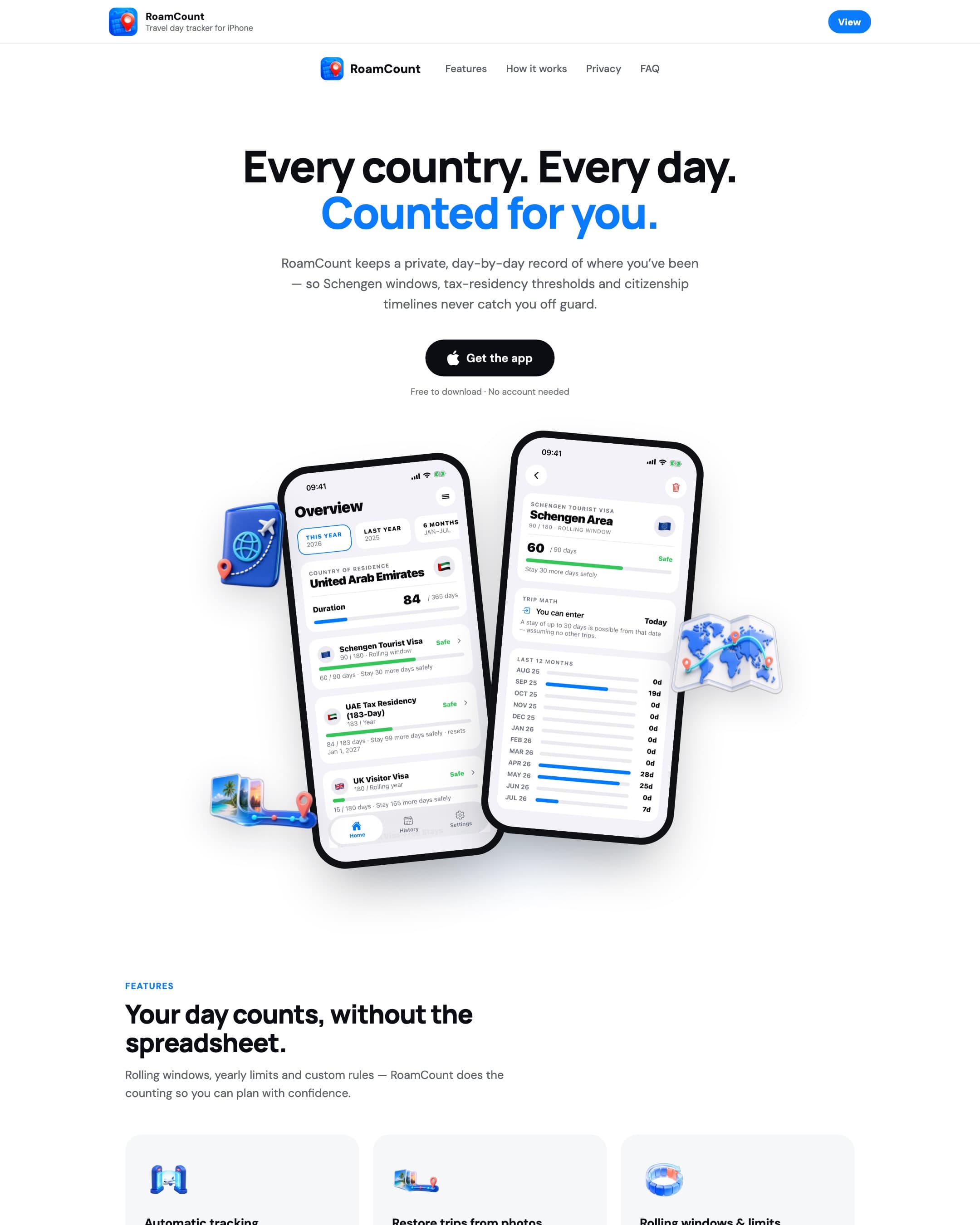 Screenshot of the RoamCount homepage